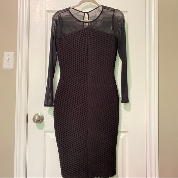 Calvin Klein | Black Bodycon Ruffled Dress with Sheer Neckline and sleeve - Picture 2 of 5
